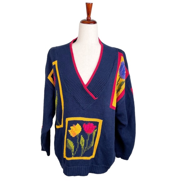 Mexx Europe Vintage Oversized Knit V-neck Sweater Navy Blue Tulip Flower Print - Picture 1 of 9
